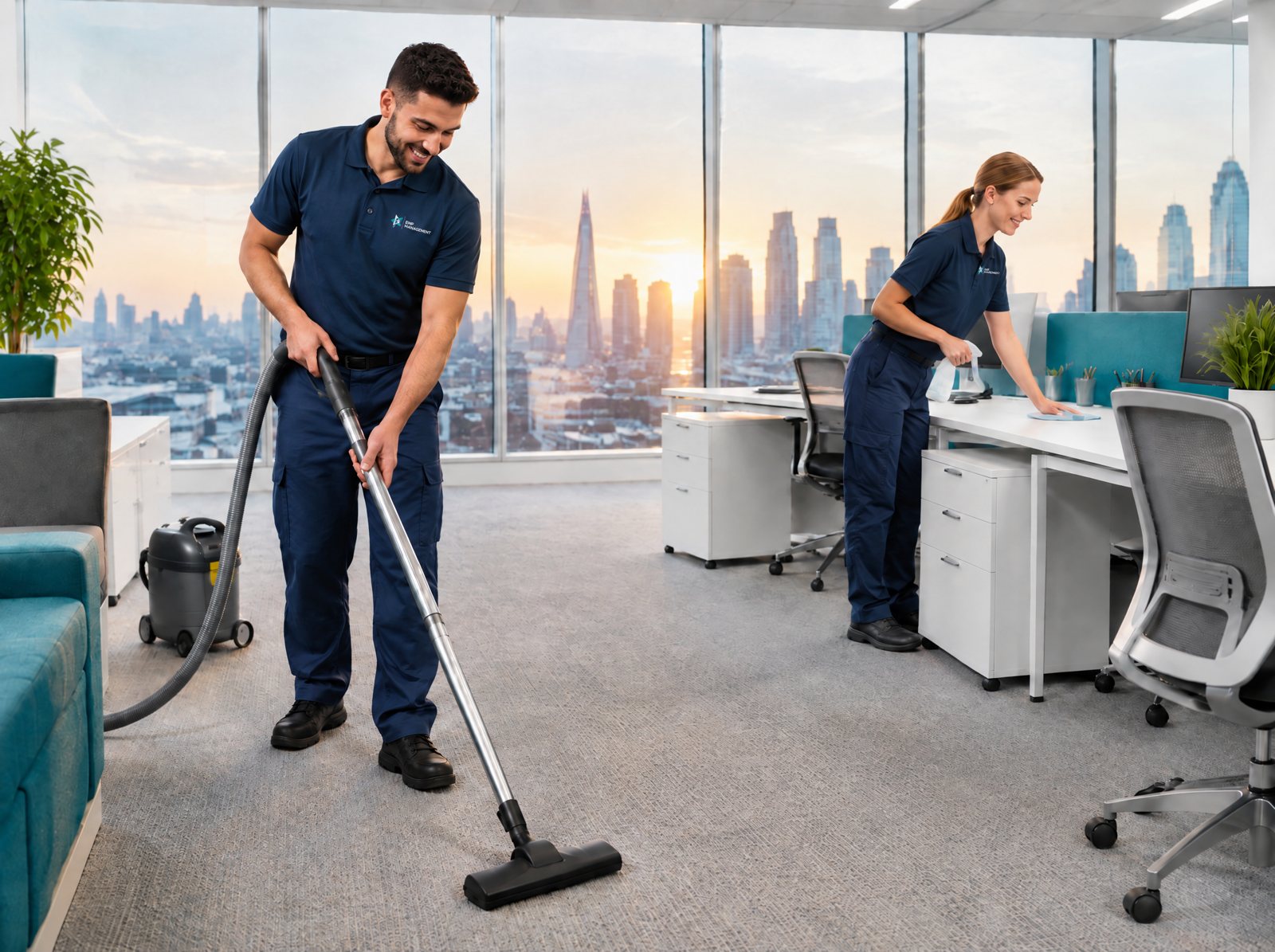 Two EMP Management cleaners vacuuming and sanitising desks in a bright London office at sunrise